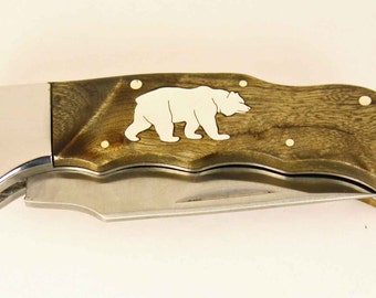 Elk Ridge Lockback knife with Custom sterling silver bear inlay