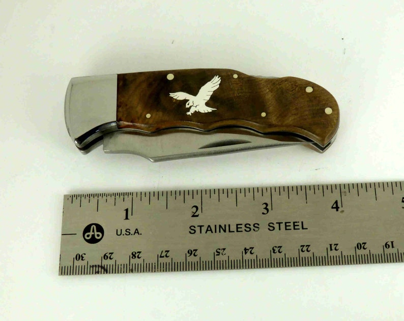 Elk Ridge Lockback knife with Custom sterling silver flying eagle inlay image 3