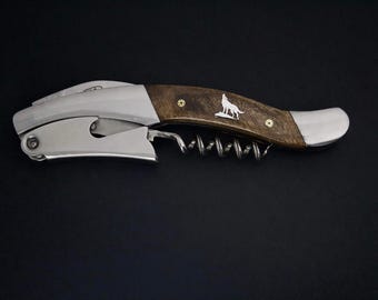 Maple wood corkscrew wine opener with sterling silver howling wolf inlay