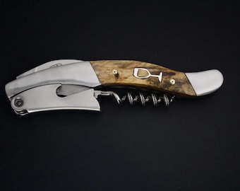 Maple wood wine opener with sterling silver wine glass inlay