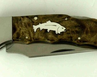 Elk Ridge Lockback knife with Custom sterling silver trout inlay