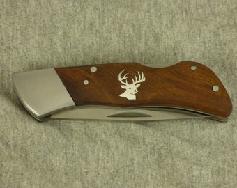 Kershaw pocket knife with Hand cut sterling silver white tail deer inlay