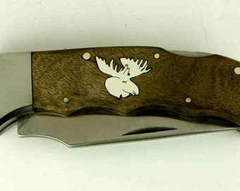 Elk Ridge Lockback knife with Custom sterling silver moose inlay