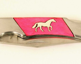 Rough Rider Pink Bone Pocket knife with Sterling Silver Horse inlay