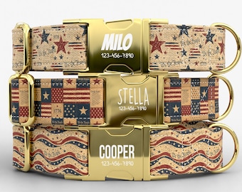 May include: Three personalized dog collars with gold-colored buckles. The collars feature patriotic designs with stars, stripes, and the text "We the People" and "1776". Each buckle displays a name and phone number.