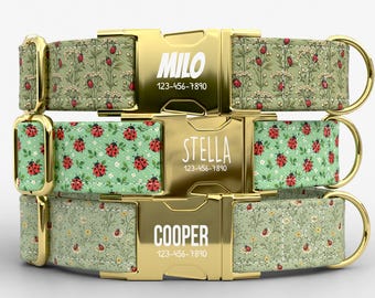 Vintage Ladybug Dog Collar | Metal Buckle | Adjustable | Made in USA | Cottage Wildflower Pattern | TPRNC-43