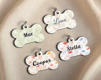 Floral Dog ID Tag | Bone Shape, Personalized Pet Tag, Made in USA