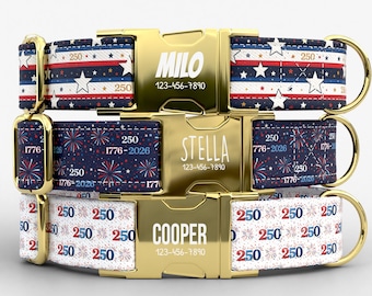 May include: Three personalized dog collars with gold-colored buckles. The collars feature patriotic designs with stars, stripes, and fireworks in red, white, and blue. Each buckle is engraved with a name and phone number.