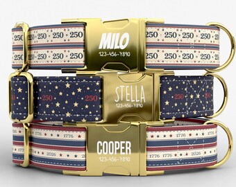 May include: Three personalized dog collars with gold-colored buckles. The collars feature patriotic designs with stars and stripes in red, white, and blue. Each buckle is engraved with a name and phone number. The collars are stacked on top of each other.