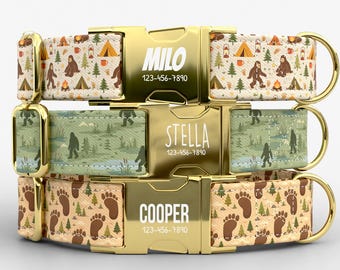 Bigfoot Camping Dog Collar | Metal Buckle | Adjustable | Made in USA | Sasquatch Campfire Pattern | TPRNC-35