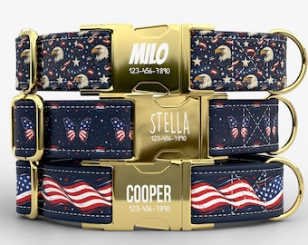May include: Three personalized dog collars with patriotic designs. The top collar features eagles and stars, the middle one has butterflies, and the bottom one displays the American flag. Each collar has a gold buckle with a name and phone number.