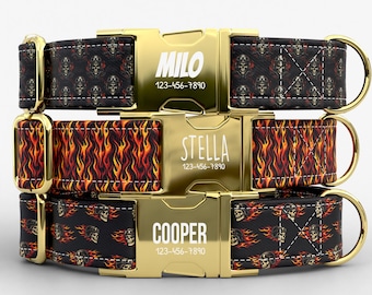 Biker Pup Dog Collar & Leash | Skulls Flames Print, Metal Buckle, TPRNC-13