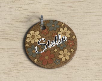 Rustic Americana Floral Dog ID Tag | Round Metal Tag | Vintage Woodgrain Design | Durable Aluminum | USA Made