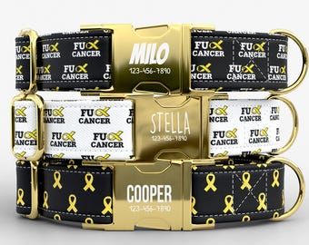 Cancer Awareness Dog Collar & Leash Collection | Metal Buckle | Adjustable Collar | Made in USA | Yellow Ribbon Support | TPRNC-20