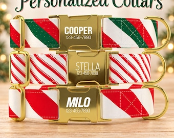May include: Three pet collars with gold-tone metal buckles featuring the names COOPER, STELLA, and MILO, along with the phone number 123-456-7890. The fabric straps display red, white, and green diagonal stripes or candy cane patterns.