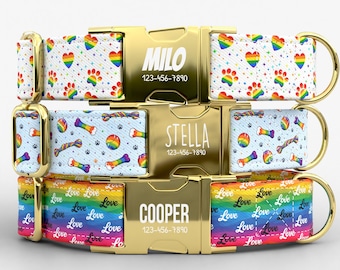 Rainbow Paw Print Dog Collar | Metal Buckle | Adjustable | Made in USA | Pride Heart Pattern | TPRNC-39