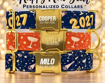 May include: Three pet collars with gold-tone metal buckles engraved with names and phone numbers. The top collar is navy blue with gold 2027 text. The middle is orange with champagne glasses. The bottom is navy blue with party motifs.
