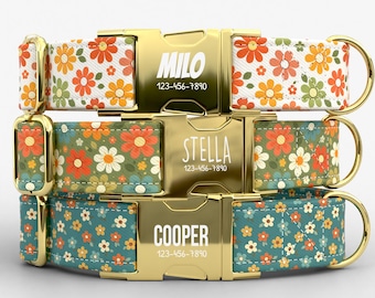 Retro Floral Dog Collar | Metal Buckle | Adjustable | Made in USA | 70s Daisy Pattern | TPRNC-32