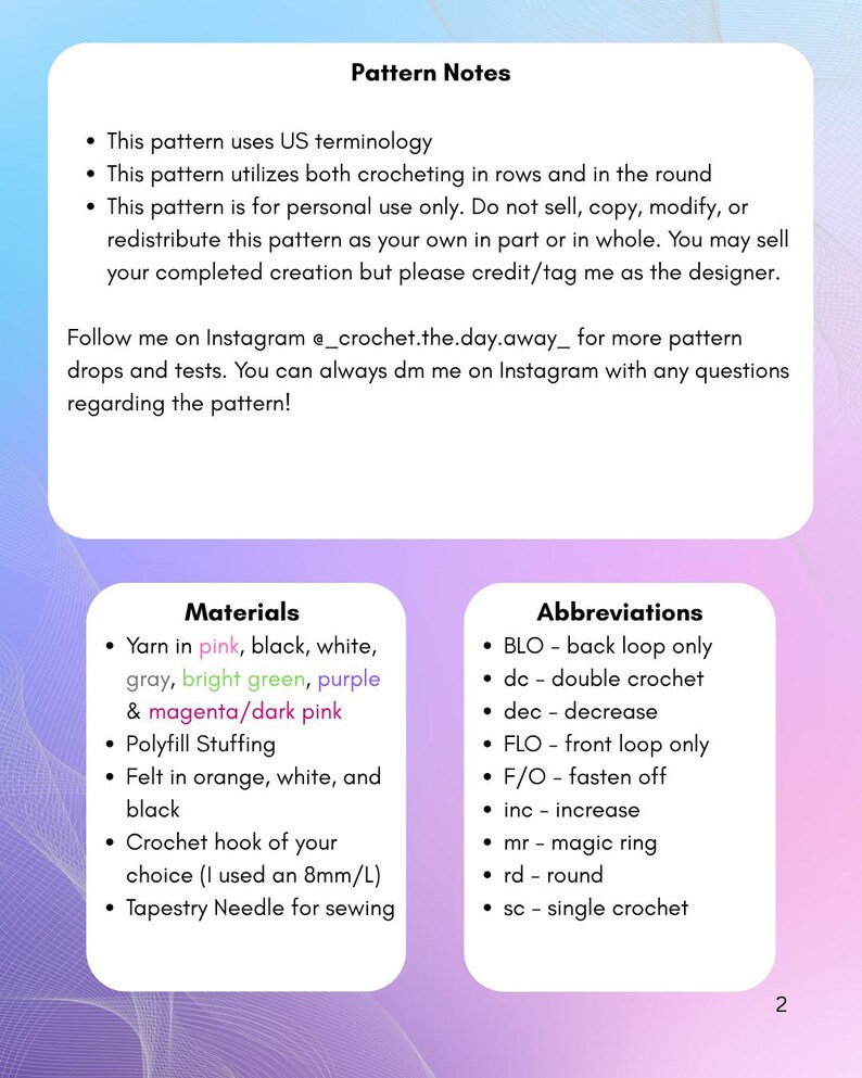 May include: A digital image with text providing crochet pattern notes, materials, and abbreviations. The materials list includes yarn colours such as pink, black, and green. The abbreviations section defines terms like 'dc' for double crochet and 'sc' for single crochet.