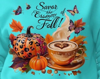 Maglietta autunnale con design PNG: tazza da caffè con spezie di zucca, foglie autunnali (download digitale)
