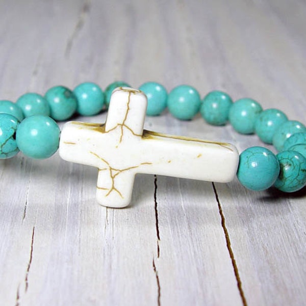 Sideways Cross Bracelet, Howlite, Stretch Bracelet, Yoga, Mothers Day, Gifts for her, Gifts under 25, Mala, Religious Jewelry