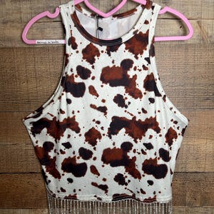 Cow Print Rhinestone Fringe Tank – Western Glam Cowgirl Top