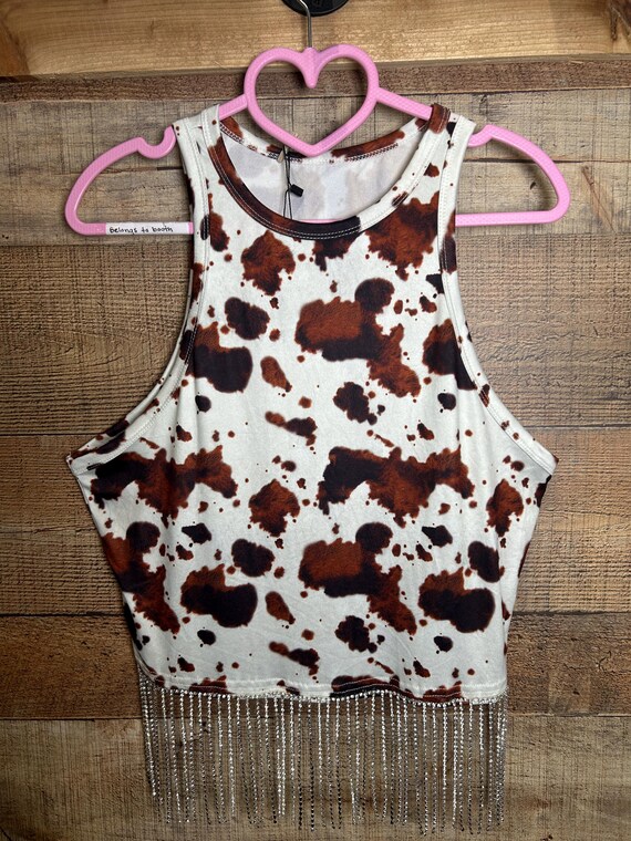 Cow Print Rhinestone Fringe Tank – Western Glam Cowgirl Top