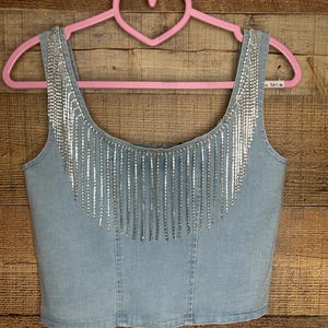 Denim Fringe Crop Top | Rhinestone Shoulder Top | Country Concert Outfit | Western Glam | Handmade Cowgirl Festival Top
