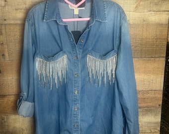 Upcycled Michael Kors Denim Button-Up with Gold Rhinestone Fringe
