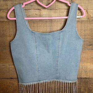 Denim Rhinestone Fringe Top | Handmade Western Tank | Full Fringe Cowgirl Outfit | Country Concert Shirt (Bandana Not Included)