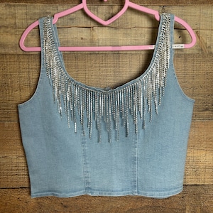 Western Denim Crop Top with Rhinestone Fringe | Cowgirl Glam Tank | Handmade Country Concert Outfit | Fringe Statement Top