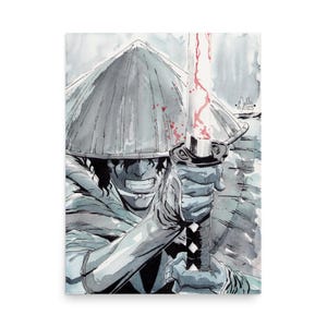 May include: Watercolor illustration of a samurai warrior with a straw hat, gripping a blood-stained katana. The artwork is in shades of gray and white, with red blood splatters on the blade. The warrior's face shows determination.