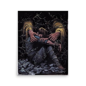 May include: An artistic print depicts a person in a blue shirt and pants, head bowed, surrounded by dark, thorny vines. Two large hands in yellow sleeves offer comfort. The artwork is signed in the lower right corner.