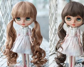 10-11" Long Wavy Doll Wig for Blythe Cute Double Ponytails with Plaits Brown Colors