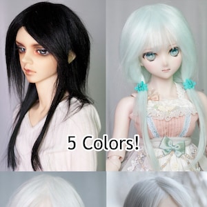 May include: Four different doll wigs in black, light blue, white, and silver. The wigs are long and straight. The text "5 Colors!" is visible in the image.