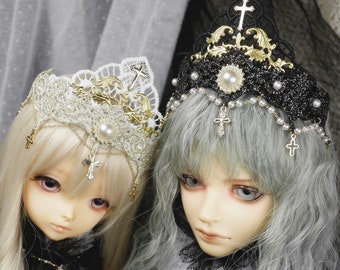 Black/White Lace Doll Crown with Cross Head Wear Hairband for Pullip Blythe BJD 1/3 SD 1/4 MSD and 1/6 YoSD Dolls