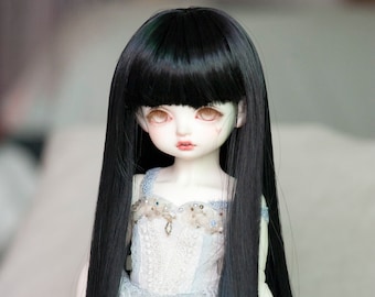 Long Straight Doll Wig with Bangs, Heat Resistance Fiber Wigs, Size from 6&quot; to 9&quot;, Black and Turquoise Color for 1/3 1/4 1/6 BJD Dolls