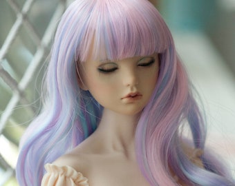 8-9" Doll Wig for Pullip 1/3 BJD SD Dream Dollfie FairyLand FeePle60 Doll Long Curly Wig Blue Mix Pink with Bangs