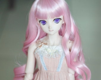 Long Curly Doll Wig for Pillip 1/3 1/4 /16 BJD SD Dream Dollfie Minifee FeePle60 Doll Long Curly Wig Light Pink with Bangs