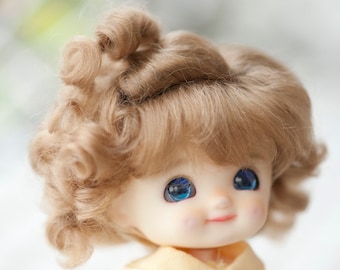 5-6" Mohair Doll Wig for 1/8 BJD Lati Pukifee Fairyland Light Brown Cute Curly Short Mohair Wig with Braid