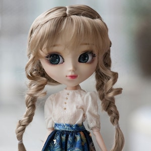 9-10" Doll Wig Double Braids Light Brown Long Cute Wig with Bangs for Pullip 1/3 BJD SD Dollfie Dream FeePle60 Doll and More