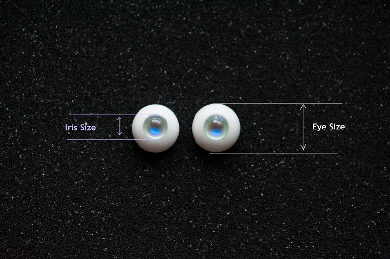 May include: Two white doll eyes with blue and green irises are displayed against a black, speckled background. The image includes labels for "Iris Size" and "Eye Size", indicating dimensions. The eyes are round and have a reflective quality.