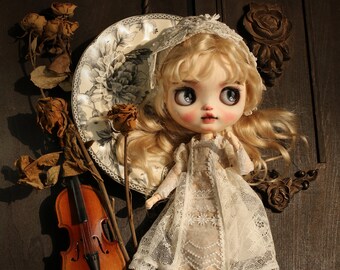 Blythe Dress Classic Style Tea Brown Lace and Printed Fabric Dress Fits Obitsu 24 Body and Dolls with Similar Size