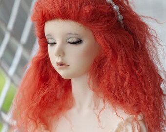 Orange Red Mohair Wig for BJD Pullip Blythe Dolls Dollife FairyLand FeePle60 Dolls and More Short Wavy Tibetan Mohair