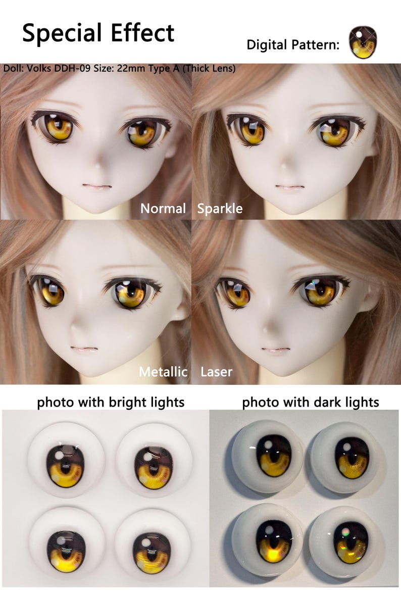 Puede incluir: Un juego de ojos de mu&ntilde;eca de 22 mm tipo A de lente gruesa para modelos Volks DDH-09, con un patr&oacute;n digital e iris de color &aacute;mbar. La imagen muestra cuatro variantes: Normal, Sparkle, Metallic y Laser, bajo condiciones de luz brillante y oscura.