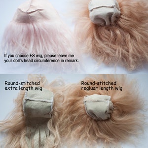 May include: Two doll wigs with different stitching styles. The top row shows a front-stitched wig and a round-stitched wig. The bottom row shows a round-stitched wig with extra length and a round-stitched wig with regular length. The text "FS" and "RS" are visible in the image.