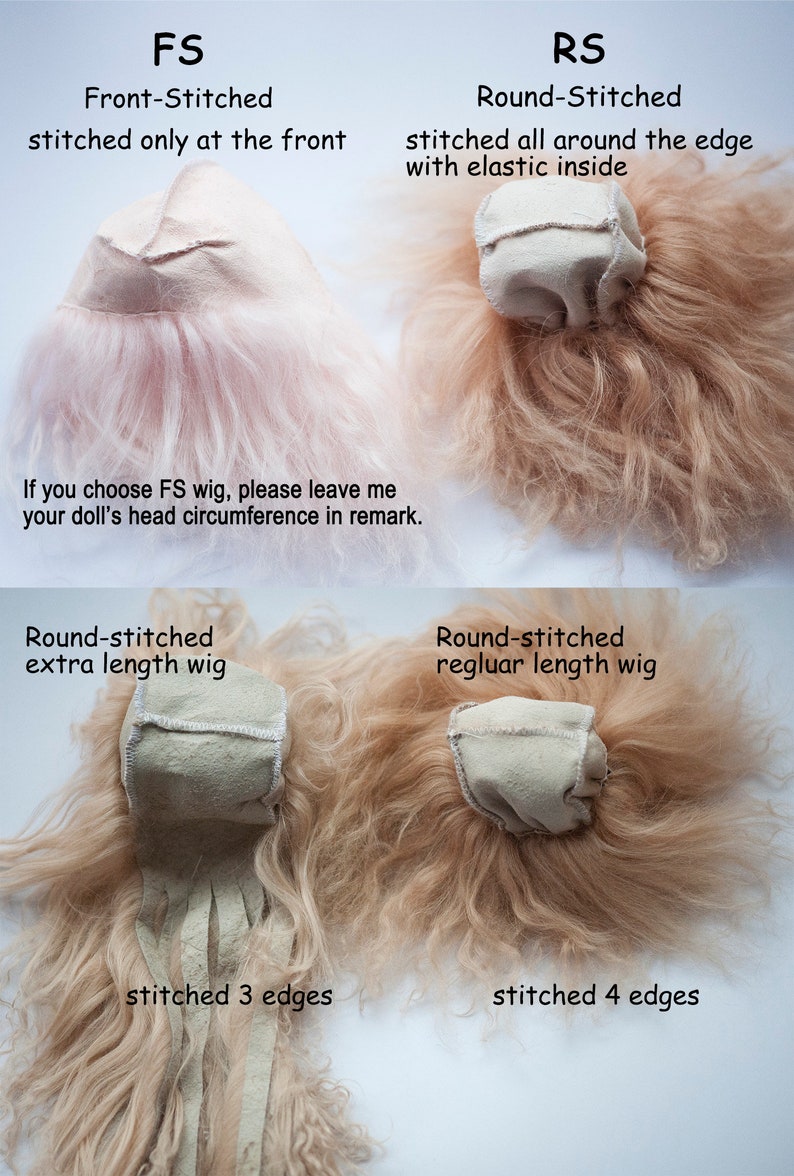 May include: Two doll wigs with different stitching styles. The top row shows a front-stitched wig and a round-stitched wig. The bottom row shows a round-stitched wig with extra length and a round-stitched wig with regular length. The text "FS" and "RS" are visible in the image.