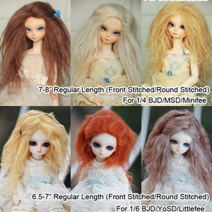 May include: A set of doll wigs in various lengths and colors, including blonde, brown, white, and red. The wigs are styled in different ways, including straight, wavy, and curly. The wigs are labeled with their length and the doll size they are intended for.  The text on the image reads: "8.5-9" Regular Length Wig (Front Stitched/Round Stitched) For 1/3 BJD/SD/DD", "7-8" Regular Length (Front Stitched/Round Stitched) For 1/4 BJD/MSD/Minifee", "6.5-7" Regular Length (Front Stitched/Round Stitched) For 1/6 BJD/YoSD/Littlefee", and "5.9" Front Stitched Regluar Length For 1/8 BJD/Lati Yellow Line/Pukifee".