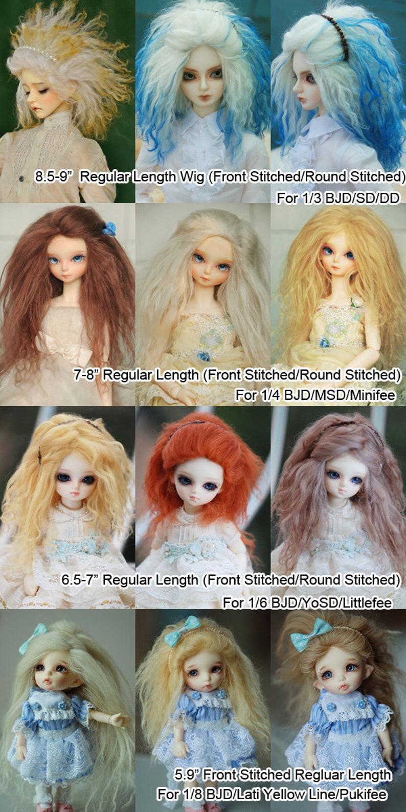 May include: A set of doll wigs in various lengths and colors, including blonde, brown, white, and red. The wigs are styled in different ways, including straight, wavy, and curly. The wigs are labeled with their length and the doll size they are intended for.  The text on the image reads: "8.5-9" Regular Length Wig (Front Stitched/Round Stitched) For 1/3 BJD/SD/DD", "7-8" Regular Length (Front Stitched/Round Stitched) For 1/4 BJD/MSD/Minifee", "6.5-7" Regular Length (Front Stitched/Round Stitched) For 1/6 BJD/YoSD/Littlefee", and "5.9" Front Stitched Regluar Length For 1/8 BJD/Lati Yellow Line/Pukifee".