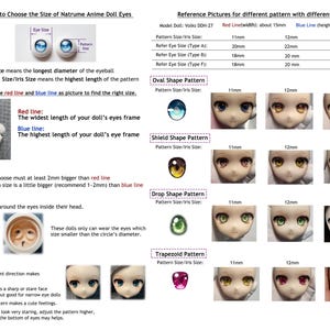 Puede incluir: Una tabla de instrucciones titulada How to Choose the Size of Natrume Anime Doll Eyes, que presenta diagramas, texto y tablas que explican las medidas de ojos e iris para mu&ntilde;ecas, incluyendo varios patrones de ojos como ovalado, escudo, gota y trapezoide.